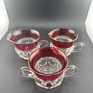Vintage Tiffin King’s Crown Ruby Flash Creamer Sugar Bowl Set + Cup Thumbprint